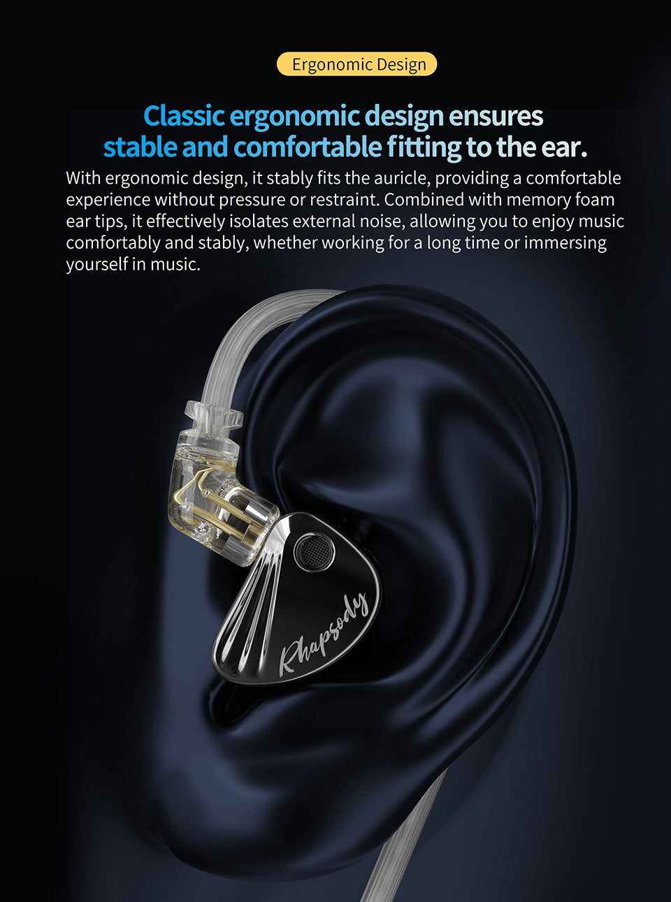 Person wearing CCA Rhapsody IEM, comfortable fit