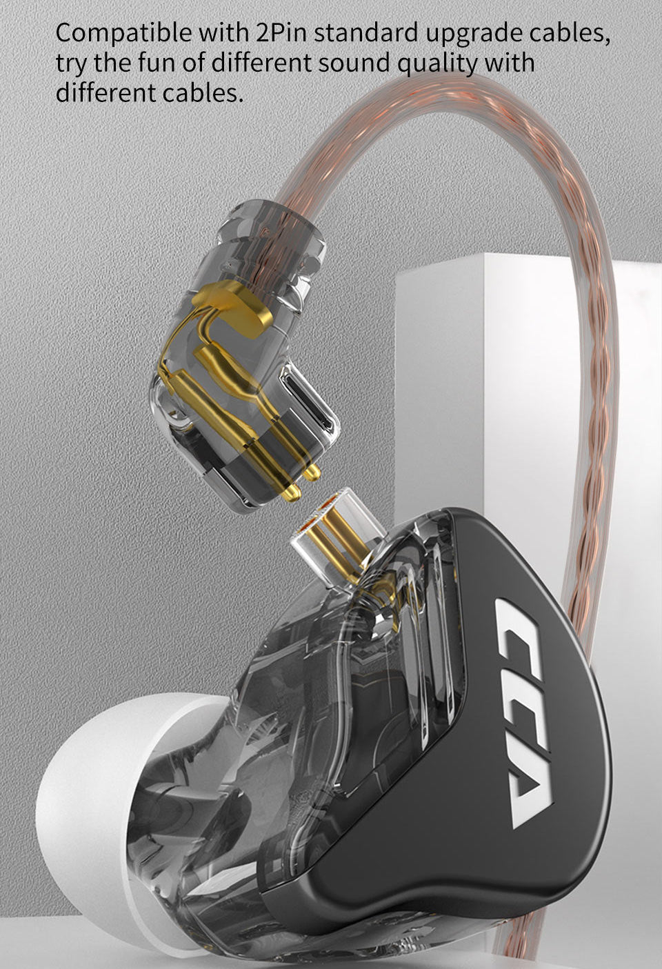 Durable CCA CRA IEM with detachable 2-pin cable.