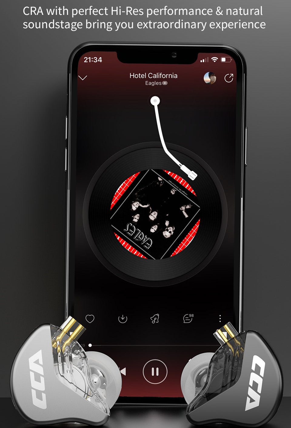 Compact CCA CRA IEM with balanced mids and highs.