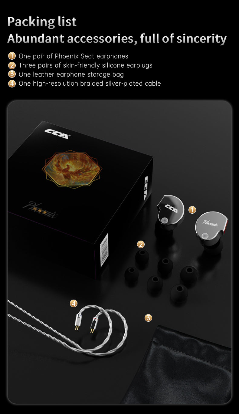 CCA Phoenix in-ear monitor packaging and included accessories
