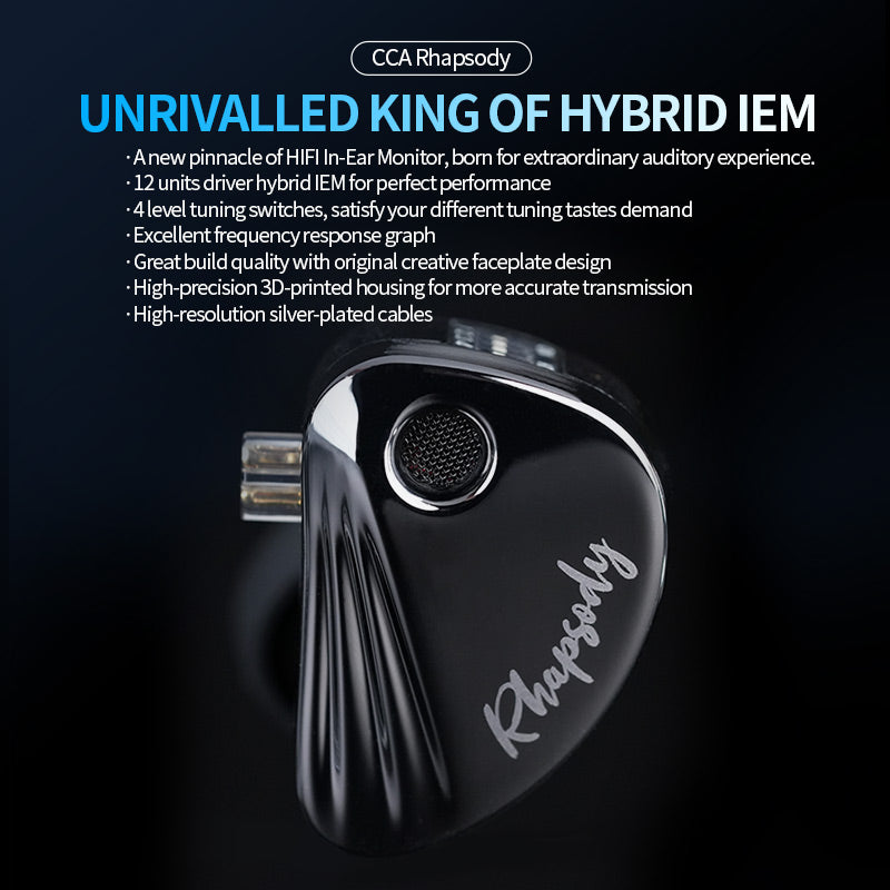 CCA Rhapsody IEM front view, hybrid Hi-Fi