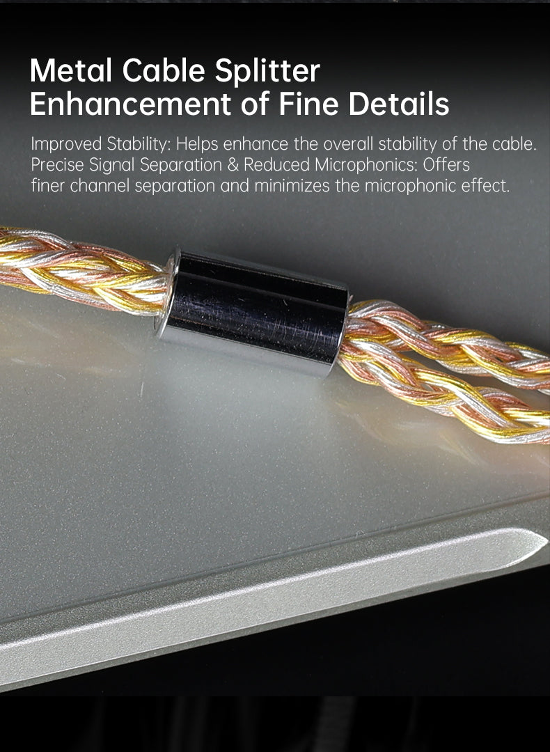 Metal cable splitter reducing microphonics and signal noise